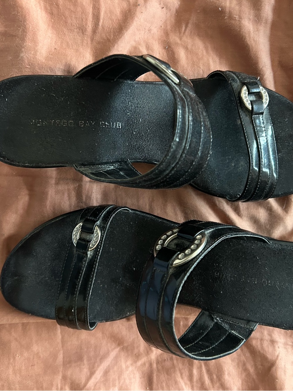 Montego Bay Club Black Patent Slide Sandals with Decorative Buckles